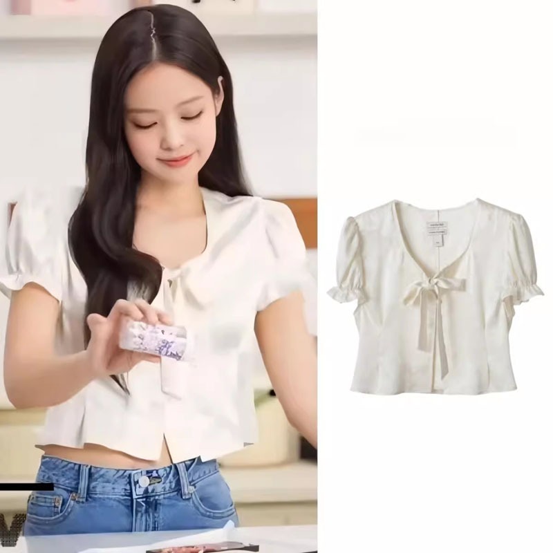 Blackpink Jennie เสื้อครอปท็อปแขนสั้น ประดับโบว์ พิมพ์ลายดอกไม้เซ็กซี่ สไตล์เรโทร สําหรับผู้หญิง