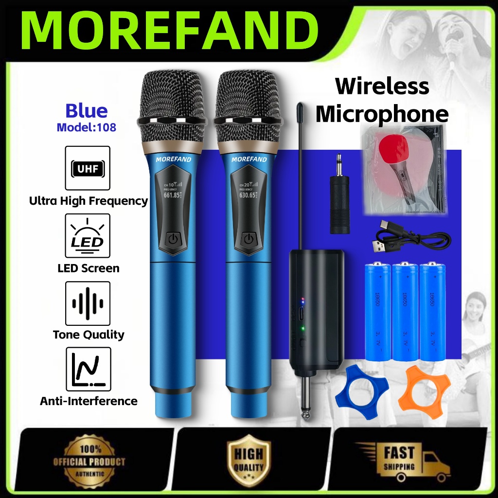 MOREFAND 108V2ไมค์โครโฟนไร้สาย ไมโครโฟนแบบชาร์จไฟได้ ไมค์ลอยเสียงดี ไมค์ลอยแบบพกพา ไมค์คู่แบบมือถือ คาราโอเกะครอบครัว