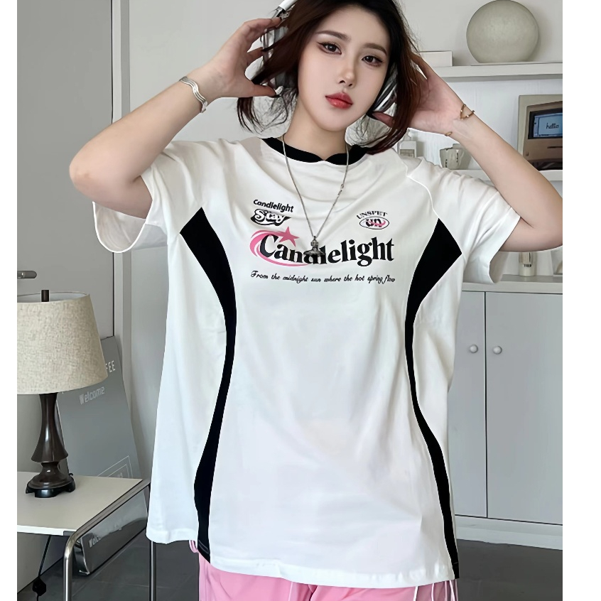 Bella T-shirt สไตล์เกาหลีเย็บปะติดปะต่อหลวมลำลองแขนสั้นคอกลม