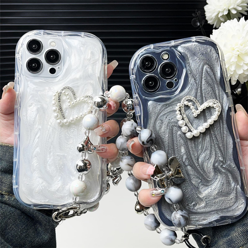เคสโทรศัพท์มือถือ ประดับมุก หัวใจ 3D พร้อมสายคล้องมือ สําหรับ iphone 15 Pro Max 14 Pro Max i14 plus 13 Pro Max i13 13pro 11 Pro Max i11 XR Xs Max 7 plus 8plus 12 Pro Max
