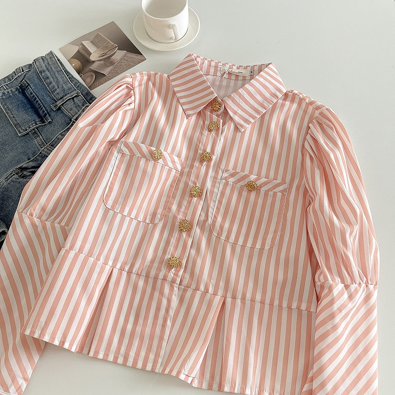 เสื้อเชิ้ตแขนยาวลําลอง ทรงหลวม ลายทาง สไตล์เกาหลี สําหรับผู้หญิง