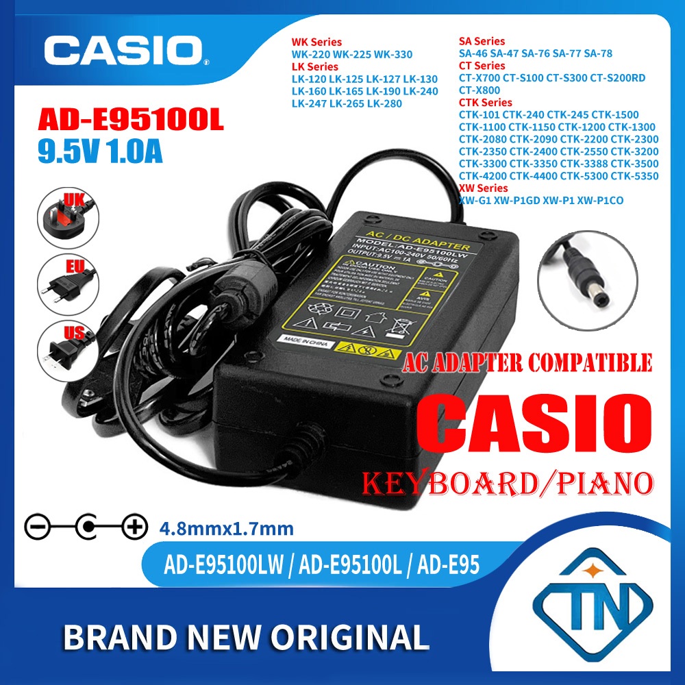 อะแดปเตอร์คีย์บอร์ดเปียโนไฟฟ้า 9.5V 1A AC DC AD-E95100L สําหรับ Casio CT-X870IN CTK-1250 CTK-5200 WK-240 WK-245
