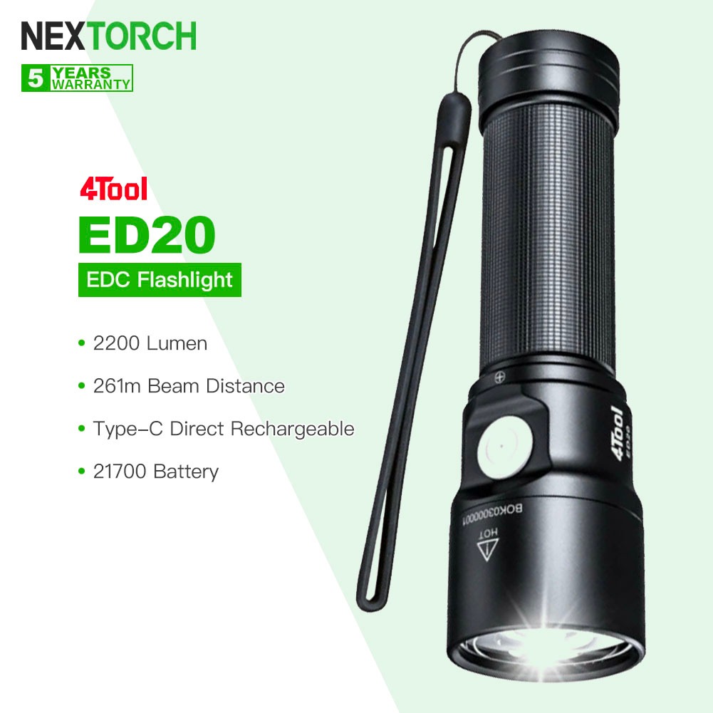NEXTORCH 4Tool ED20 ไฟฉายขนาดกะทัดรัดพร้อมแบตเตอรี่ 21700, ชาร์จโดยตรง Type-C, 2200 ลูเมน, โหมดแสง 4