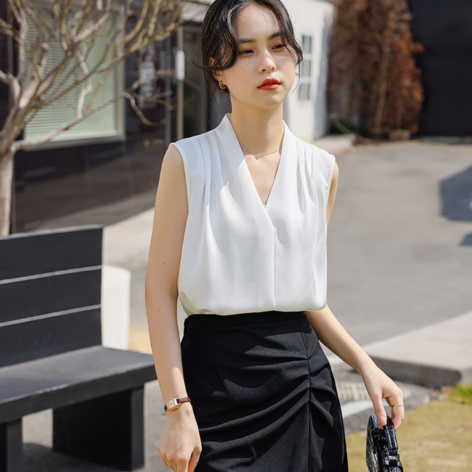 เสื้อเชิ้ตแขนกุด คอวี ผ้าซาติน แบบเป็นทางการ สีขาวแวววาว แบบมืออาชีพ สําหรับผู้หญิง