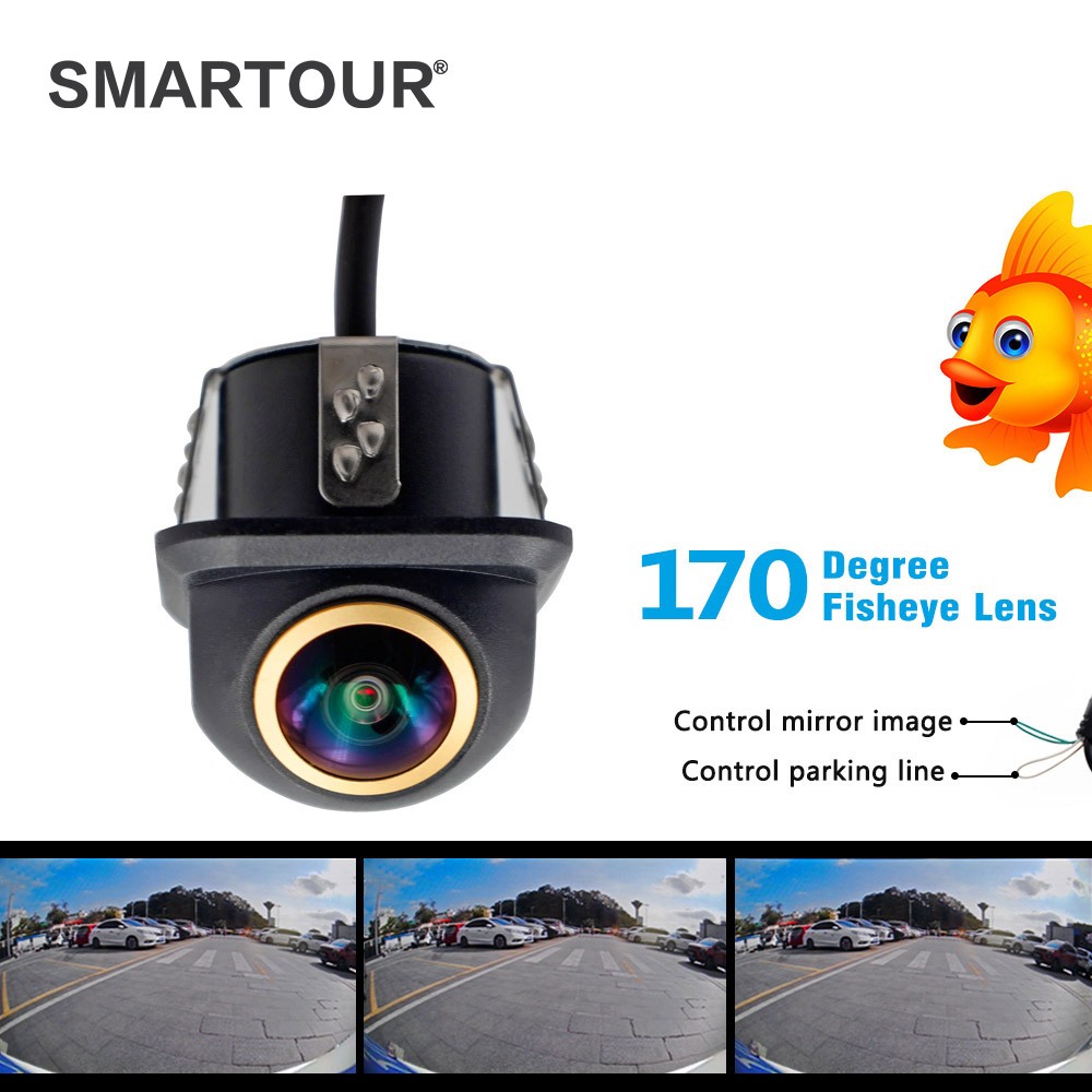 Smartour กล้องมองหลังรถยนต์ CCD เลนส์ฟิชอาย สีทอง HD มองเห็นที่มืด พร้อมสายจอดรถ