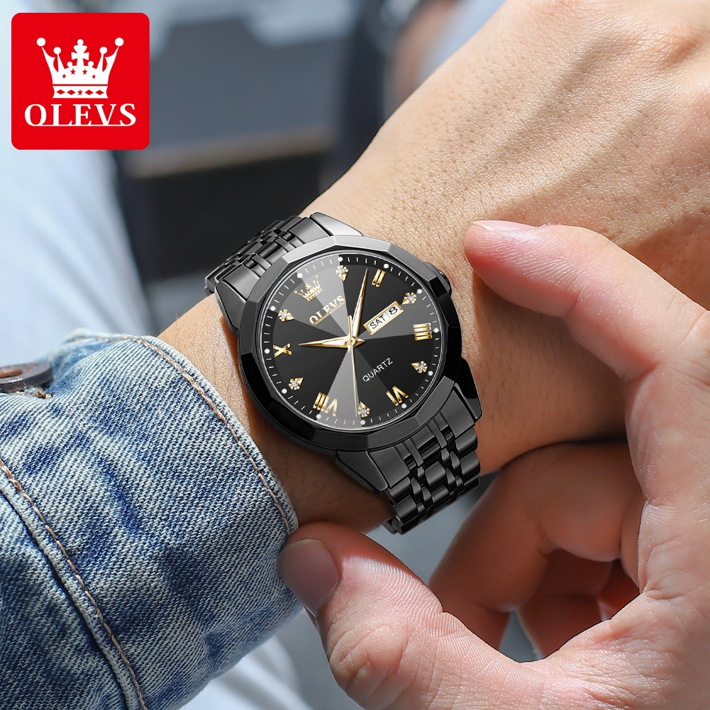 OLEVS นาฬิกา ผู้ชาย แฟชั่น watch 100% แท้ นาฬิกาข้อมือกันน้ำได้ ควอตซ์ สายสเตนเลส สีฟ้าทอง 9931-H