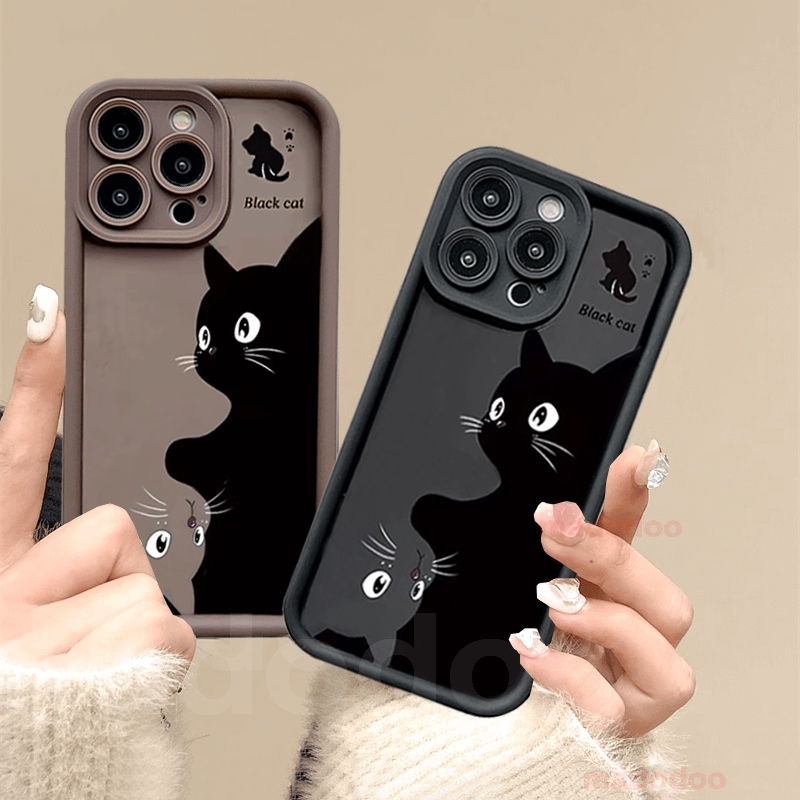 เคส Realme 12 11 10 Pro Pro+ 9i 4G 5G 9 8i 8 C17 7i 7 6 Plus 2 C1 C15 C12 C25 C25S C20 C11 2021 Narzo 20 30 ProPlus 30A Cute Black Cuddle Cat Couple Cartoon High Quality Thicken Fine Hole Anti-fall Lens Protection Soft Phone Case JT 17