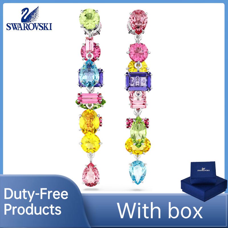 เครื่องประดับสร้อยข้อมือสวารอฟสกี้ (พร้อมกล่อง) คุณภาพสูงหรูหรา Swarovski Diamond Gema Drop Shape ต่างหูสีสันสดใสดีไซน์อสมมาตรชุบโรเดียม