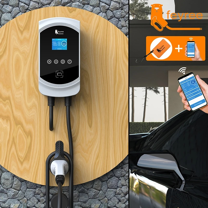 Feyree ใหม่ ที่ชาร์จ Type 2 EV 7KW 11KW 22KW EV ควบคุมการ์ด RFID ปรับได้ สําหรับติดผนัง