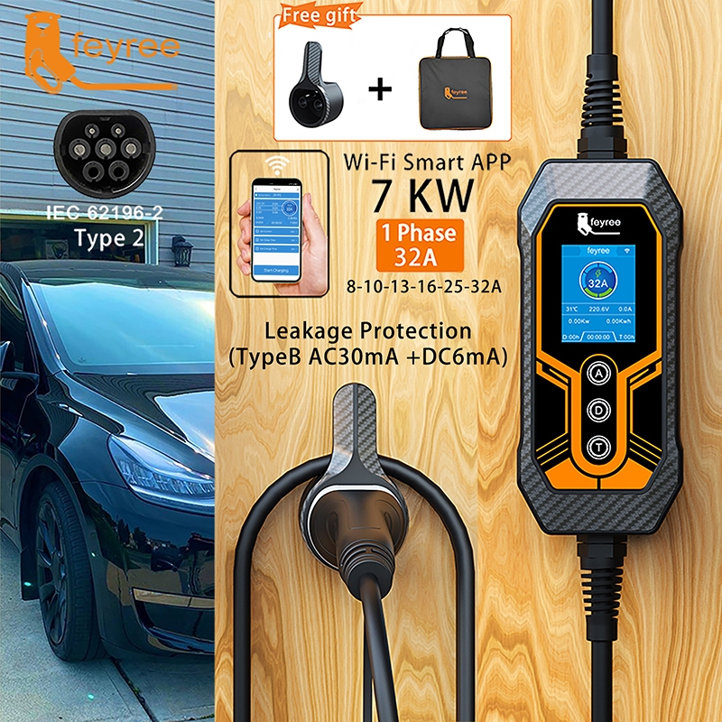 Feyree เครื่องชาร์จ EV Type2 32A 7KW EVSE Wi-Fi ควบคุมผ่านแอพ ปรับเวลาได้ สําหรับใช้ในบ้าน และกลางแจ้ง