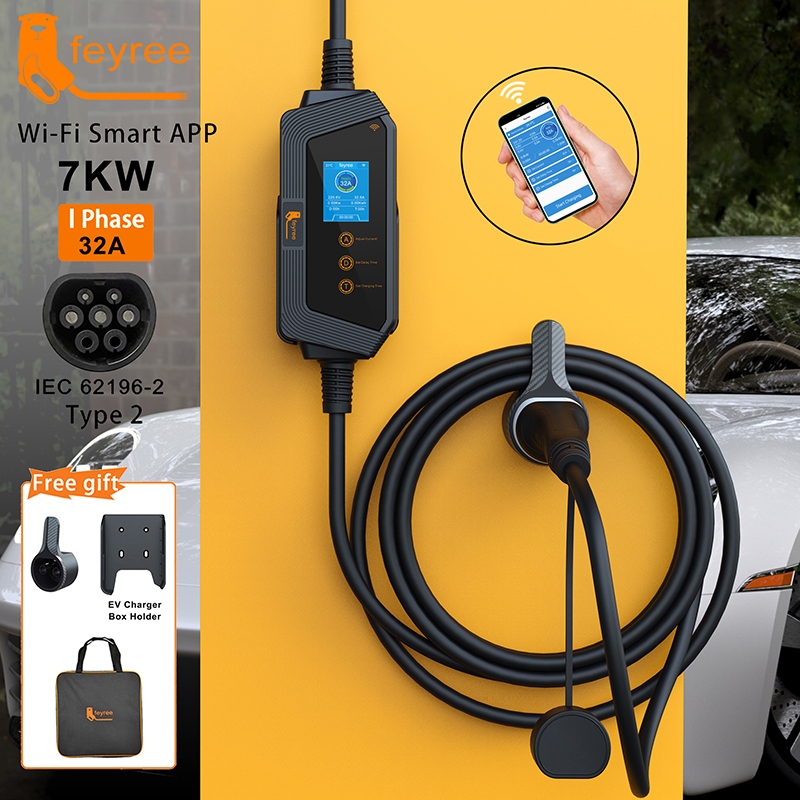Feyree เครื่องชาร์จ EV Type2 32A 7KW แบบพกพา ชาร์จเร็ว สําหรับยานพาหนะไฟฟ้า ควบคุมผ่านแอป Wi-Fi โดยการตั้งค่าเวลาปัจจุบัน และการชาร์จ