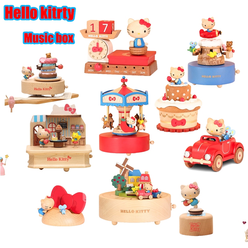 SANRIO กล่องดนตรีไม้ แฮนด์เมด ลายการ์ตูน Hello Kitty เหมาะกับของขวัญคริสต์มาส สําหรับเด็ก