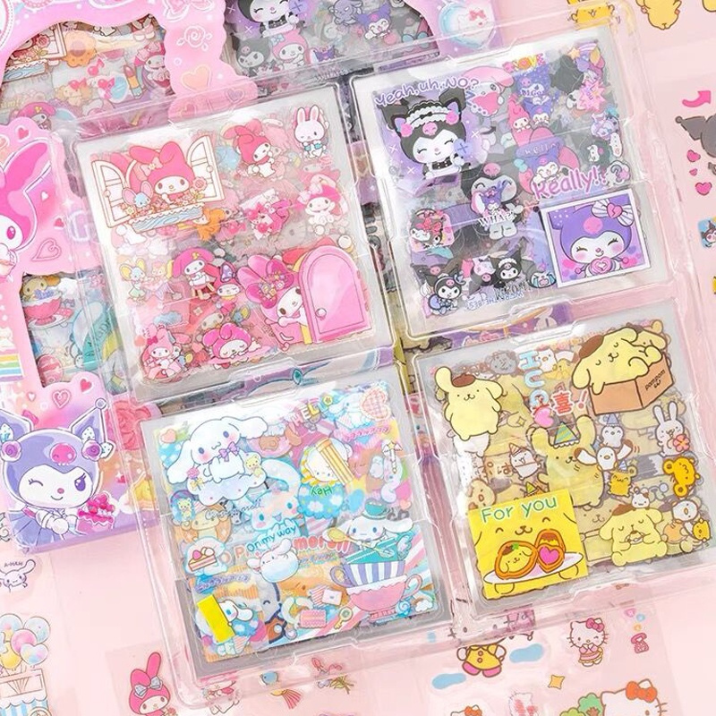 SANRIO สติกเกอร์ ลายการ์ตูน Kuromi Cinnamoroll Melody Lotso สีโปร่งใส สําหรับตกแต่งเครื่องเขียน DIY จํานวน 100 แผ่น ต่อกล่อง