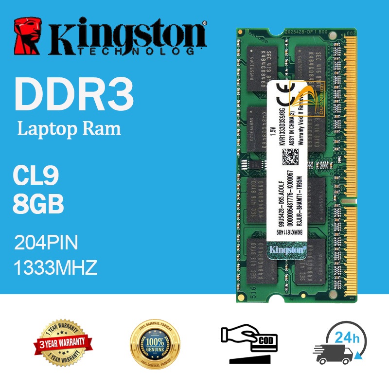 คิงสตัน Kingston 8GB RAM DDR3 1333Mhz 2RX8 PC3-10600S 204Pin SODIMM Laptop Memory RAM Intel แรม โน็ตบุ๊ค