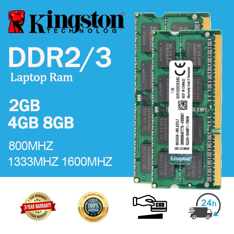 Kingston 2GB 4GB 8GB RAM DDR2 DDR3 DDR3L 800 1333 1600MHz แรมแล็ปท็อป PC2 PC3 5300S 6400S 10600S 12800S 12800 LAPTOP RAM 204PIN cl9 11