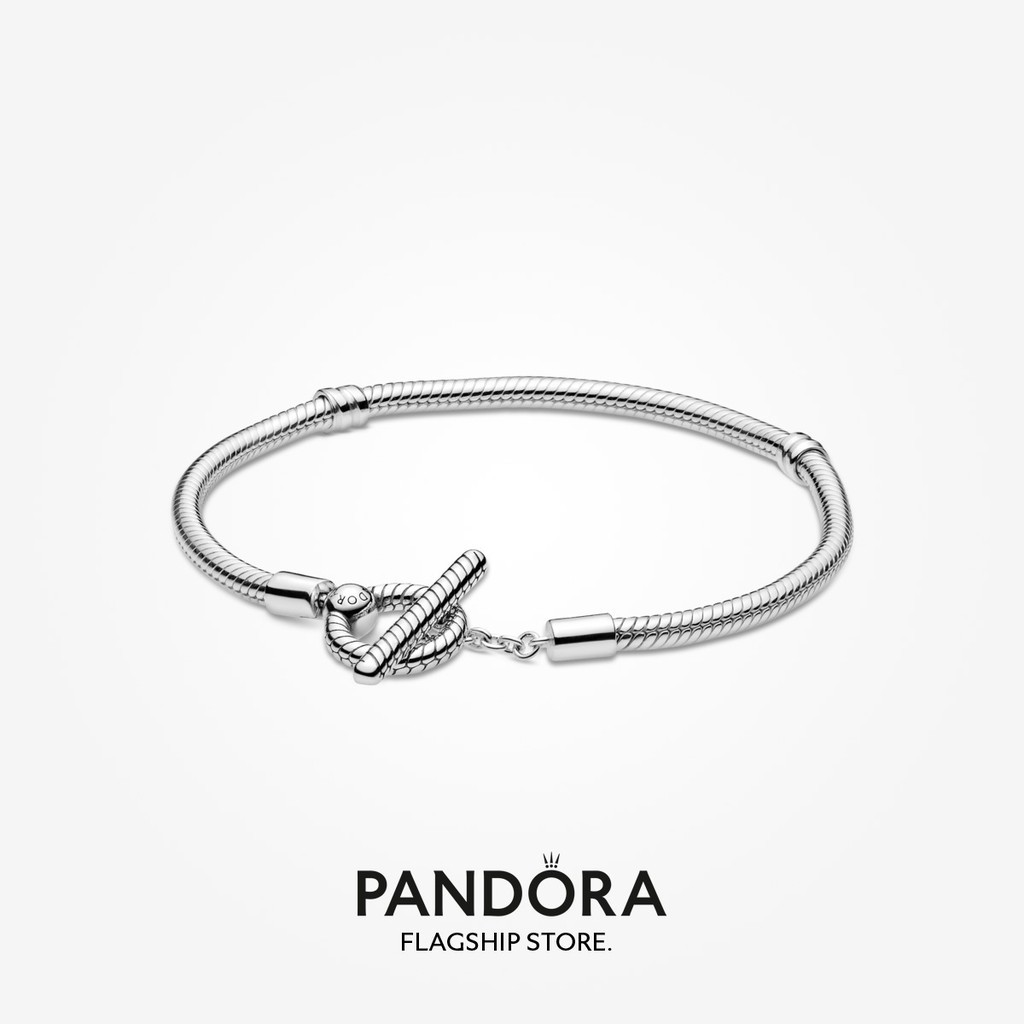 สินค้าขายดีใหม่ S925 Sterling Silver Pandora Moments Silver T-Bar Snake Chain Bracelet