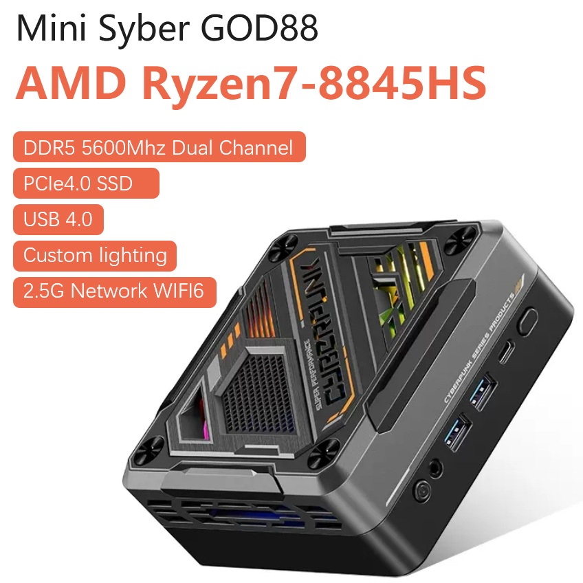 TBao Mini PC AMD Ryzen 7 8845HS DDR5 5600Mhz RAM M.2 NVME PCIe4 USB4 Windows Pro 11 RGB Triple Displ