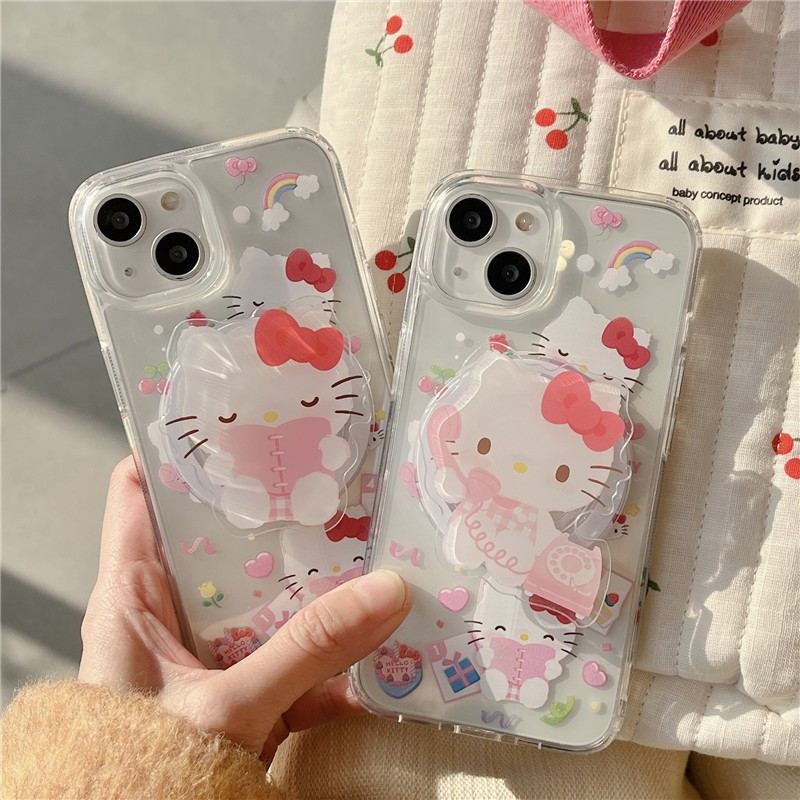 Iphone 16 15 Pro max 14 Pro max เคสโทรศัพท์อะคริลิคลาย Hello Kitty + ที่วางแม่เหล็ก