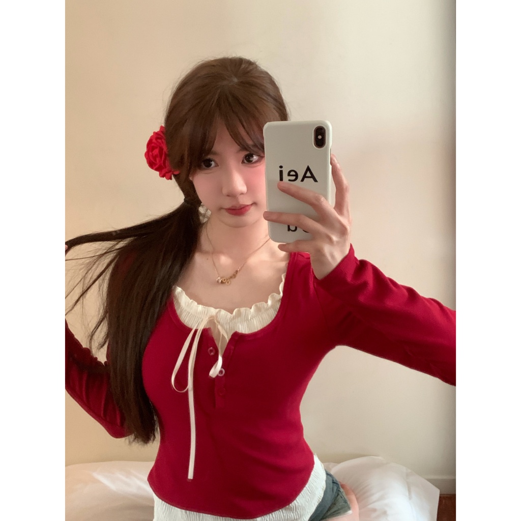 【สินค้าจัดส่งทันที】เสื้อยืดแขนยาว แต่งลูกไม้ สองชิ้น สไตล์เกาหลี สําหรับผู้หญิง