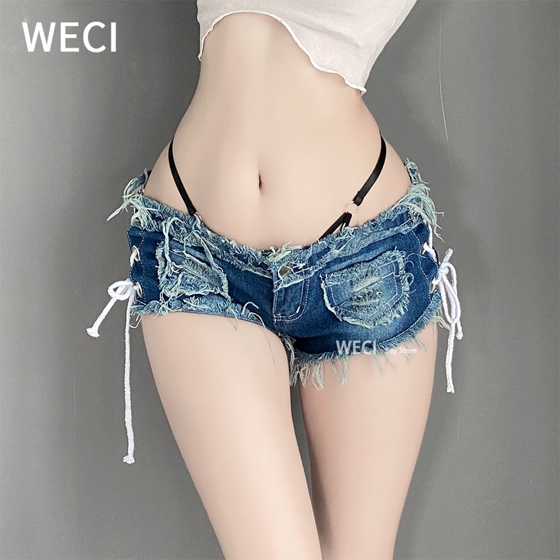 Weci กางเกงยีนขาสั้น เอวต่ํา แบบผูกเชือก เซ็กซี่ แฟชั่นใหม่ สําหรับสตรี 2024