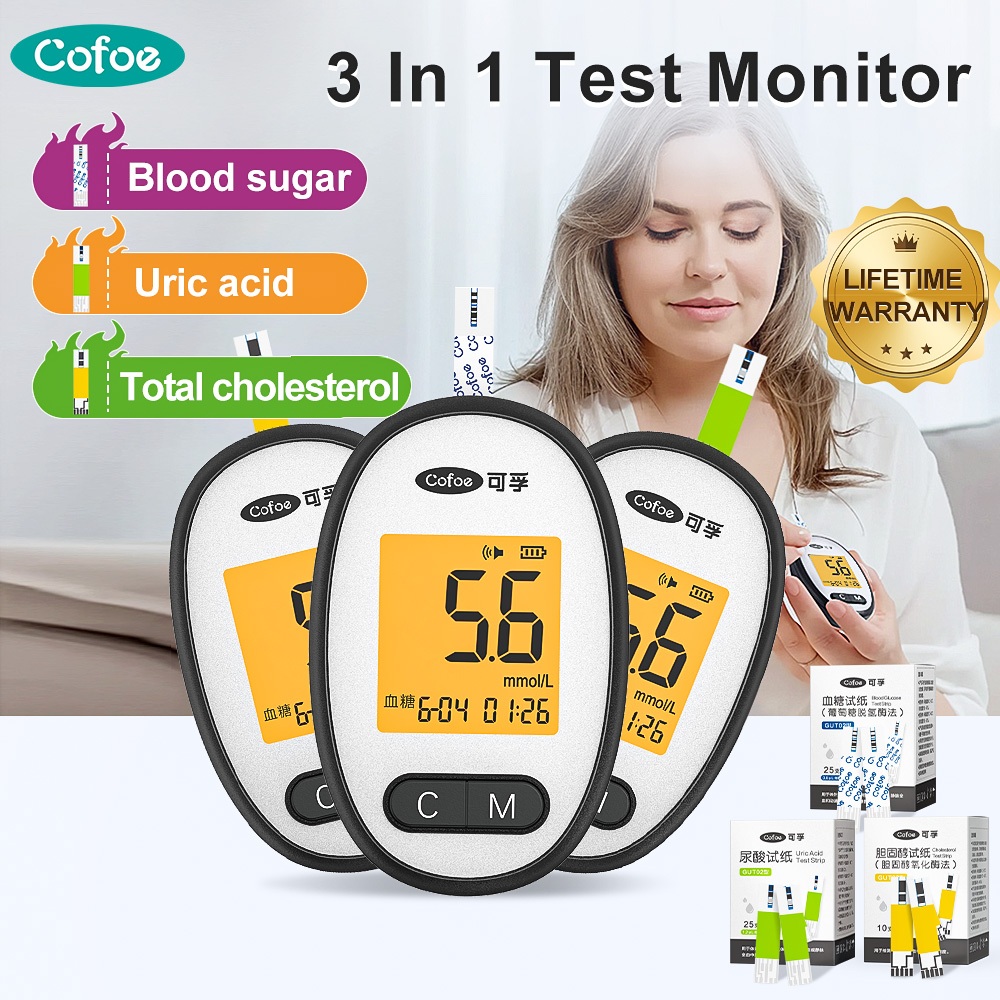Cofoe 3in1 ชุดทดสอบกรดยูริก คอเลสเตอรอล เลือด กลูโคส เบาหวาน กรดยูริก ระบบตรวจสอบน้ําตาลในเลือด อเนกประสงค์