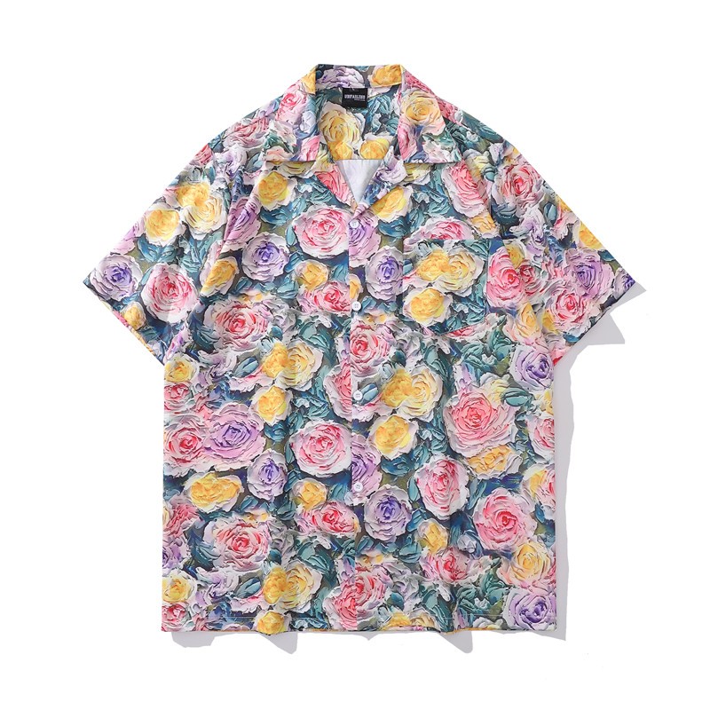 เสื้อเชิ้ตฮาวาย แขนสั้น พิมพ์ลายดอกไม้ ไอคอนเข้ม หลากสี สไตล์วินเทจ เหมาะกับฤดูร้อน สําหรับผู้ชาย ผู้หญิง
