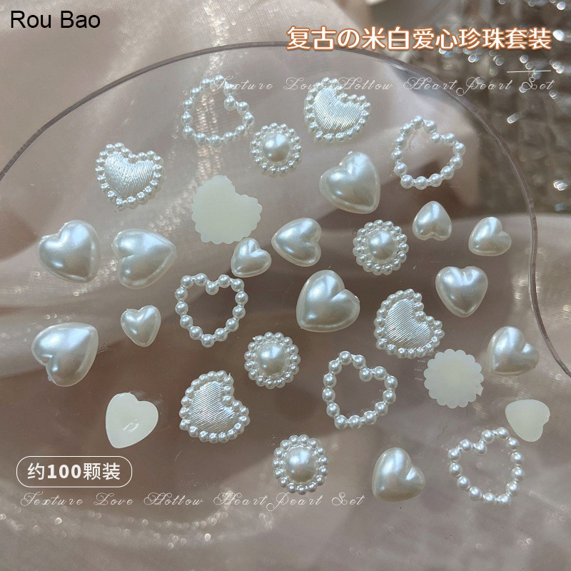 Rou Bao อุปกรณ์ตกแต่งเล็บเรซิ่น รูปหัวใจ สีเบจ สไตล์เรโทร DIY 100 ชิ้น