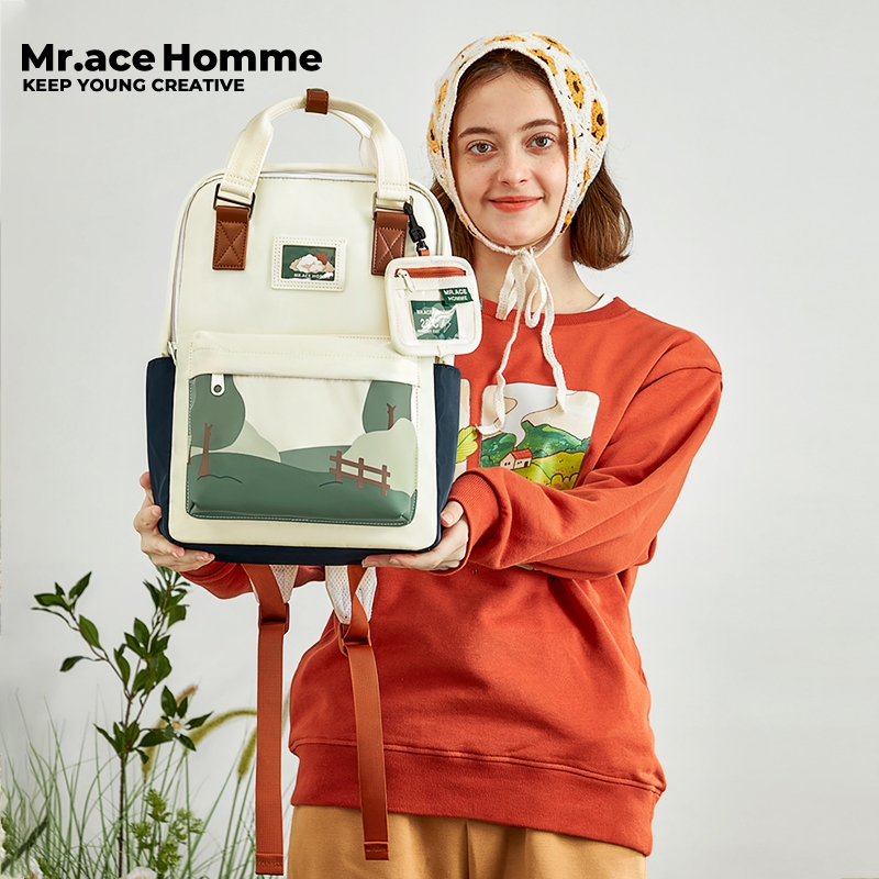 Mr.ace Homme ใหม่ กระเป๋าเป้สะพายหลัง กระเป๋านักเรียน แบบพกพา สําหรับเด็กผู้หญิง มัธยมต้น