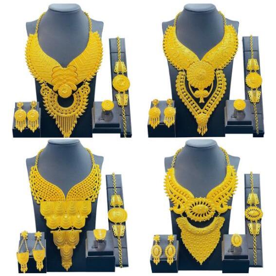 24k Gold สี Big Luxury 4PCS เครื่องประดับสร้อยคอชุดสําหรับเจ้าสาวงานแต่งงานชุดแนวโน้ม Jewellery