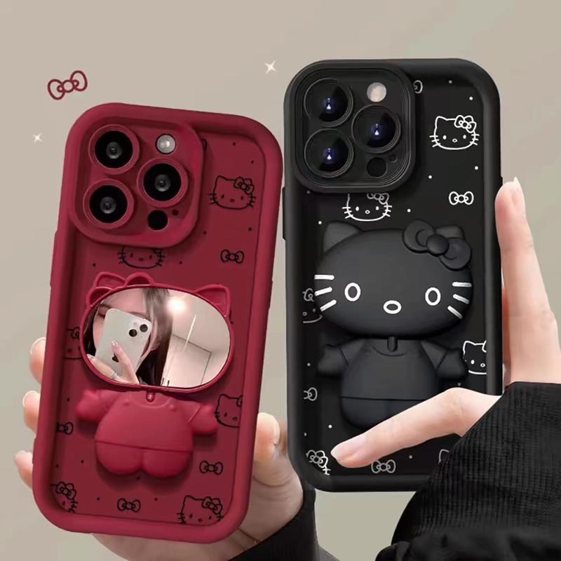 สําหรับ iPhone 17 Air 16 11 15 14 13 12 Pro Max 7 8 Plus X XS Max XR Hello Kitty กระจกขาตั้งผู้ถือเคสโทรศัพท์น่ารัก