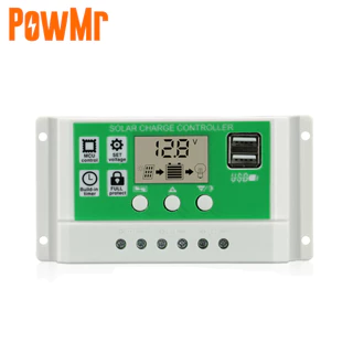 PowMr 30A 20A 10A แผงควบคุมการเก็บประจุพลังงานแสงอาทิตย์ 12V 24V แบตเตอรี่ลิเธียมอัตโนมัติ พร้อมหน้าจอ LCD Dual USB 5V