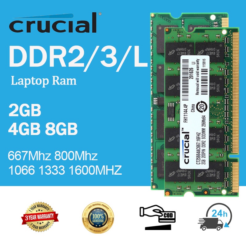 Crucial 2GB 4GB 8GB RAM DDR3 DDR3L 1333Mhz 1600Mhz DDR2 667Mhz 800Mhz 1066Mhz LAPTOP RAM 1.35V 1.5V 204PIN PC2 PC3 PC3L 5300 6400 8500 10600 12800 SODIMM RAM หน่วยความจำแล็ปท็อป