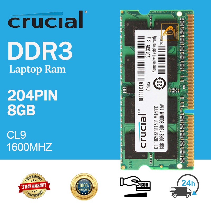 8GB Crucial ครูเชียล 8GB DDR3 1600Mhz SODIMM RAM  2Rx8 PC3-12800S Laptop Memory Intel 1.5V แรม โน็ตบุ๊ค