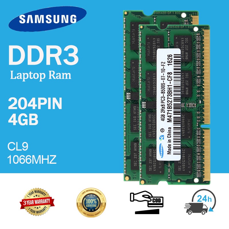 Samsung 2PCS 4GB DDR3 1066Mhz การ์ดหน่วยความจําโน้ตบุ๊ก 2Rx8 PC3-8500S  204Pin LAPTOP SODIMM RAM