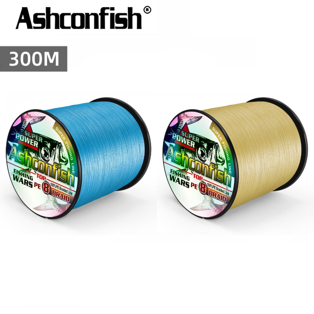 Ashconfish สายเอ็นตกปลา แบบถัก PE X8 300 ม. สีเหลือง สีฟ้า 8 เส้น
