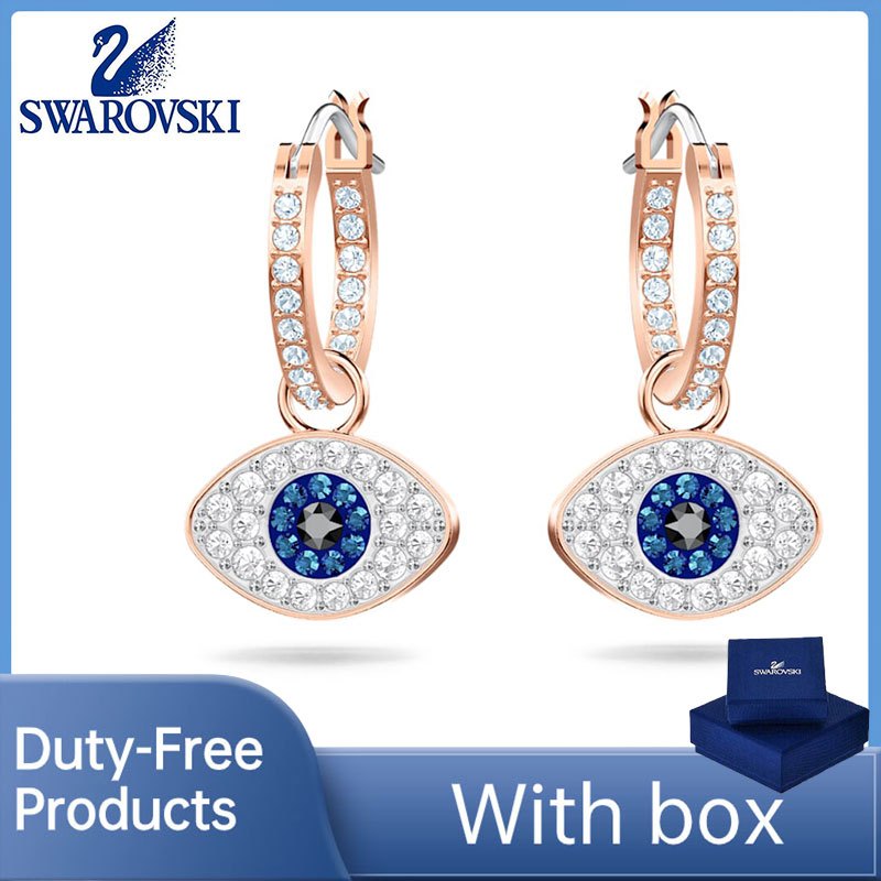 ผลิตภัณฑ์ปลอดภาษีแท้ 100% (พร้อมกล่อง) ของขวัญหรูหราคุณภาพสูง ต่างหูห่วงขนาดใหญ่สัญลักษณ์เพชร Swarovski ตาปีศาจ สีโรสโกลด์
