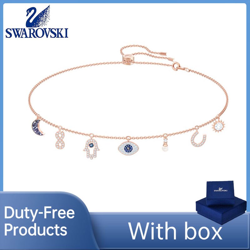SWAROVSKI เครื่องประดับสร้อยข้อมือสวารอฟสกี้ (พร้อมกล่อง) ของขวัญหรูหราคุณภาพสูง สวารอฟสกี้ สร้อยคอสัญลักษณ์เพชรดวงจันทร์อินฟินิตี้มือปีศาจจี้ตาและเกือกม้า