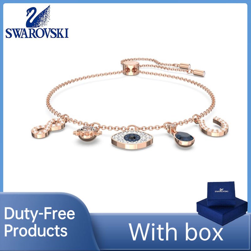 SWAROVSKI สินค้าปลอดภาษีของแท้ 100% (พร้อมกล่อง) สร้อยข้อมือสัญลักษณ์เพชรสวารอฟสกี้หรูหราคุณภาพสูง Infinity Evil Eye และจี้เกือกม้า Rose Gold