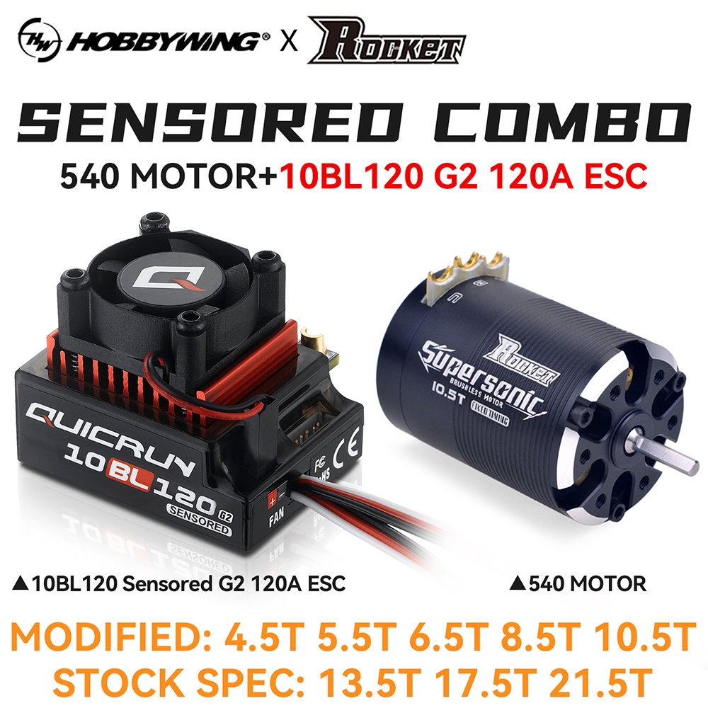 Hobbywing Sensored Brushless Motor ESC Combo for Modified 1/10 RC Car High Current 120A Rocket Supersonic 540 4.5T 10.5T 13.5T Motor