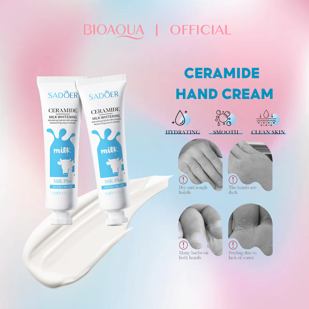BIOAOUA   นม ไวท์เทนนิ่ง ครีมทามือ ให้ความชุ่มชื้น เติมความชุ่มชื้น （ช่วยให้ผิวแห้งและแตก） 30g Milk whitening Hand cream Moisture Moisturizing and Moisturizing Helps with dry and cracked skin