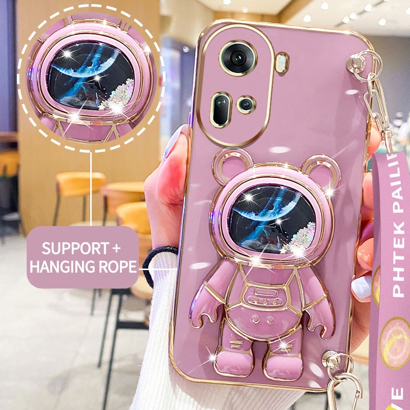 เคสโทรศัพท์กันกระแทกสําหรับoppo Reno11 F Reno11 Pro 5G 11Fไหลทรายพื้นที่หมียืนฝาครอบป้องกันโปร่งใสพร้อมเชือกแขวน