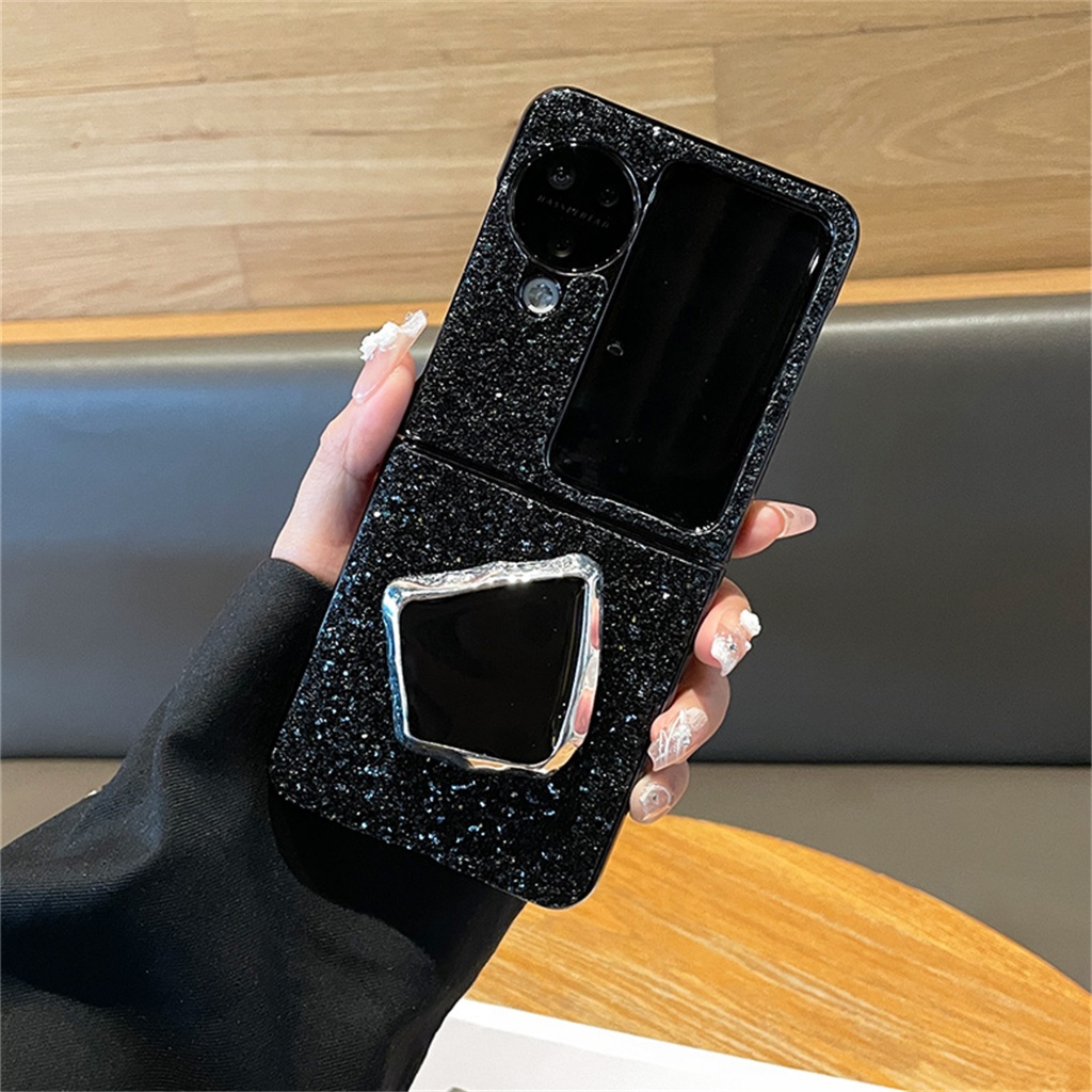 เคสโทรศัพท์มือถือ ฝาพับ กันกระแทก ปิดด้านหลัง ลายเรขาคณิต 3D ระยิบระยับ สีดํา ระยับ แฟชั่นสไตล์เกาหลี สําหรับ OPPO Find N2 Flip Find N3 Flip N3Flip