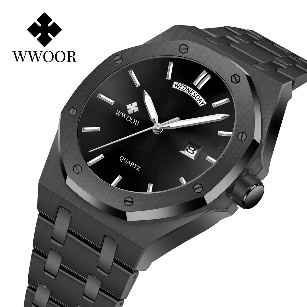 Wwoor นาฬิกาข้อมือลําลอง สายสแตนเลส กันน้ํา มีปฏิทิน สําหรับผู้ชาย -8887