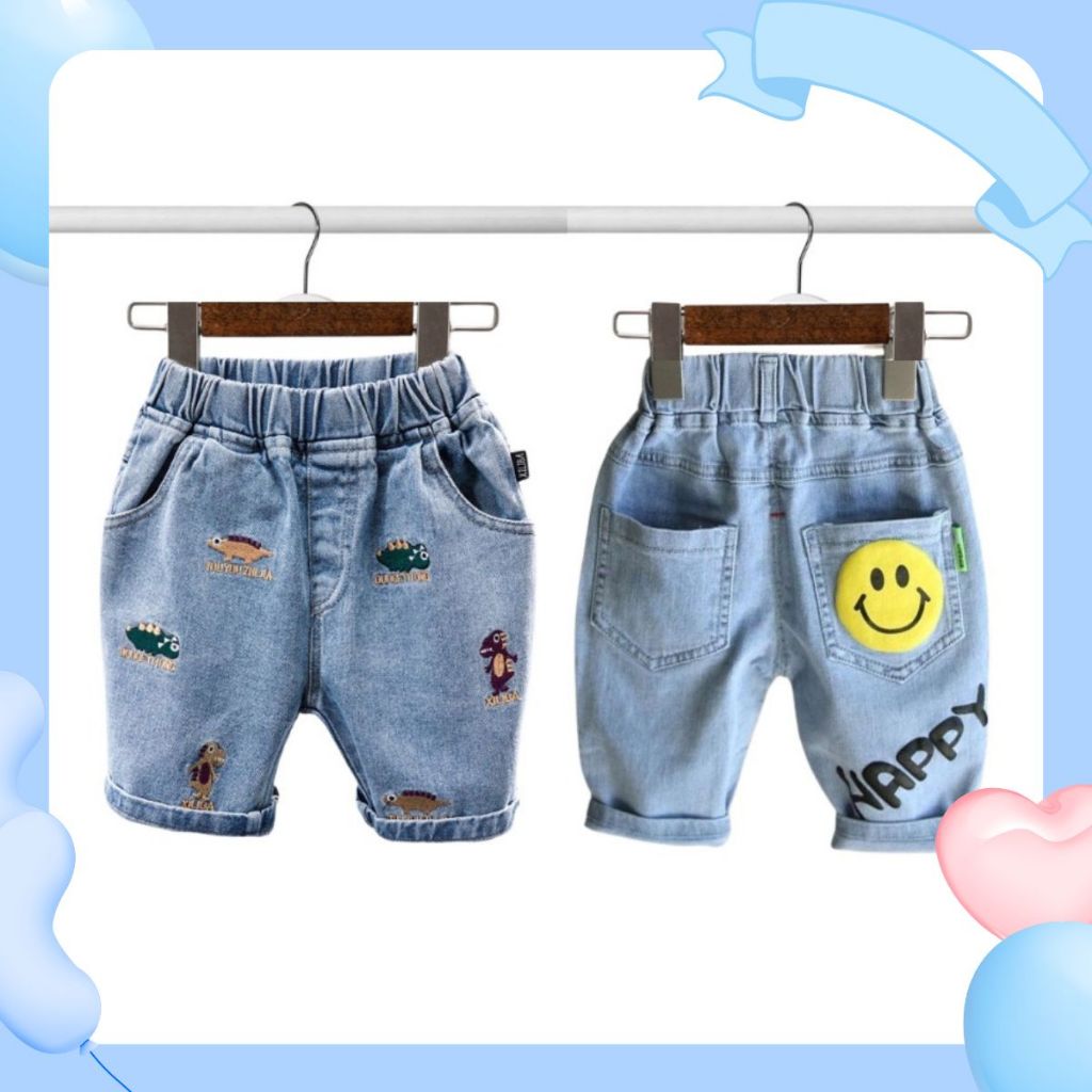 2-8 ปี Soft Denim สั้นเกาหลีกางเกงขาสั้นสบายๆสีธรรมดาปักออกแบบแฟชั่นไดโนเสาร์กางเกงขาสั้น Maong สั้นสําหรับเด็ก Boy
