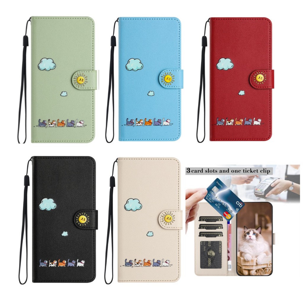 เคสโทรศัพท์หนัง ฝาพับ ลายการ์ตูนแมว พร้อมช่องใส่บัตร หรูหรา สําหรับ Samsung Galaxy S24 Ultra S24 Plus S24+ A15 A35 A55 5G A05S