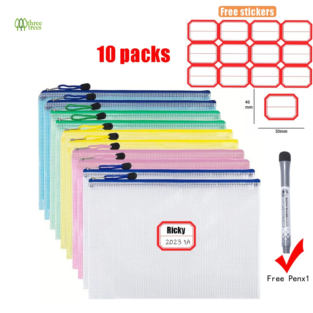 กระเป๋าเอกสาร PVC แบบหนา กันน้ํา ขนาด A4 มีซิป สําหรับใส่เอกสารนักเรียน เครื่องเขียน 10 ชิ้น