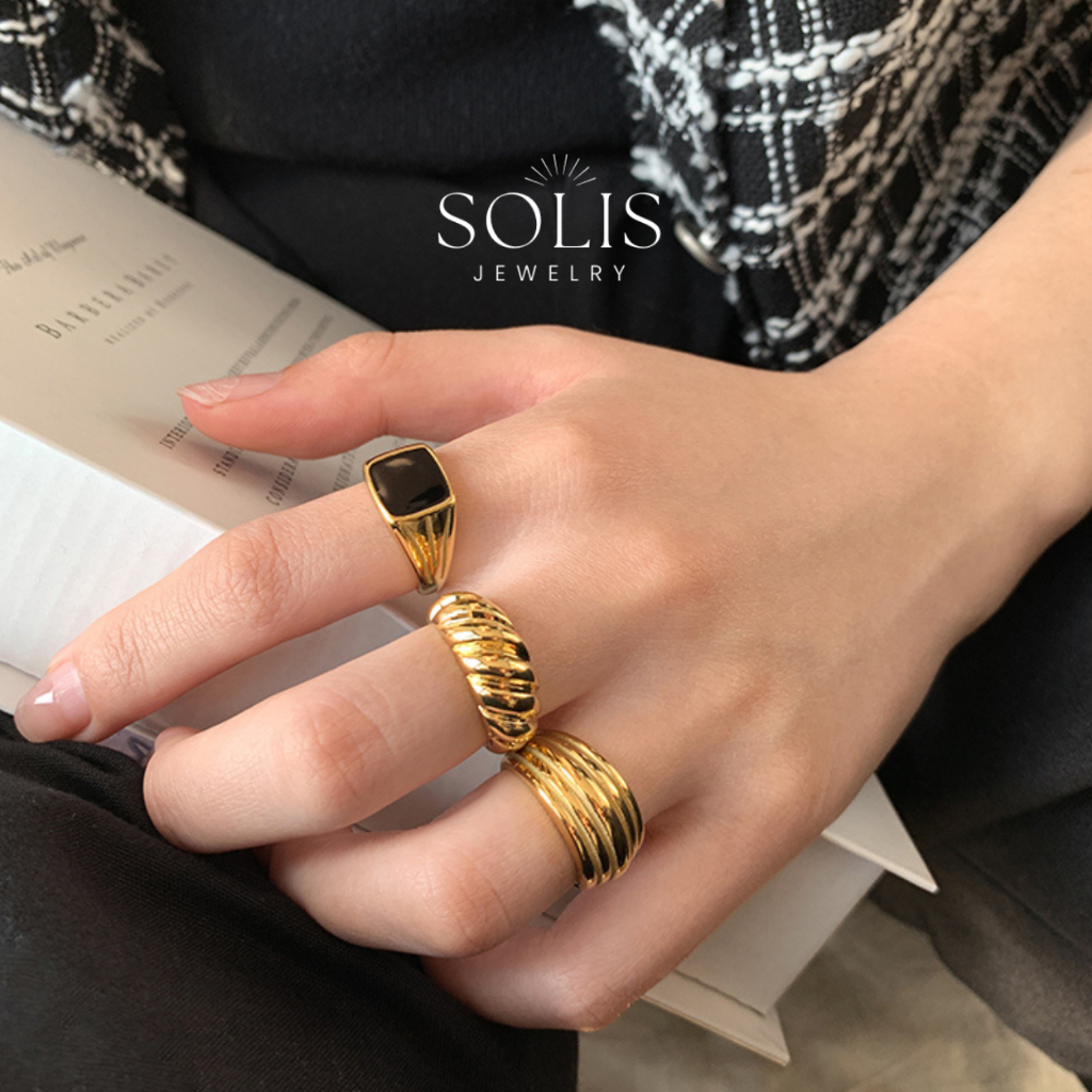 Vintage Black Square Ring • Waterproof Non-Fade Tarnish • แหวนสําหรับผู้หญิงคู่ RG364