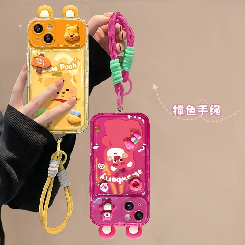 เคสโทรศัพท์มือถือแบบใส กันกระแทก ลายหมีพูห์ สตรอเบอร์รี่ พร้อมกระจก และสายคล้อง สามมิติ สําหรับ Iphone 15promax 14 11 12 13 xs xr 7p
