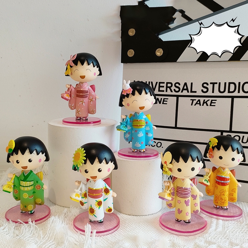 โมเดลฟิกเกอร์ PVC อนิเมะ Chibi Maruko-chan Sakura Momoko Kimono Q Version ขนาด 7.5-8 ซม. สําหรับตกแต่งโต๊ะ 6 ชิ้น ต่อชุด