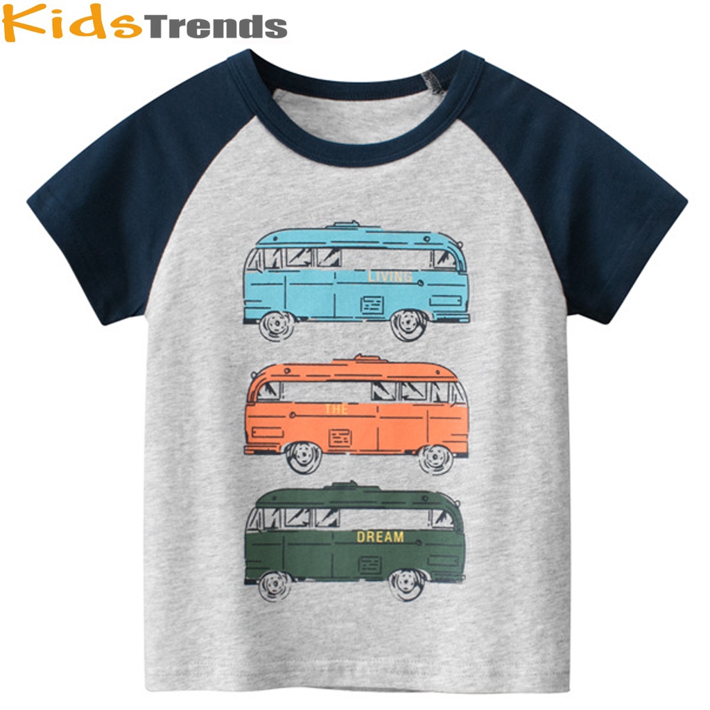 เสื้อยืดเด็กชาย ลายรถบัส แขนสั้น ฤดูร้อน ผ้าฝ้าย สีเทา